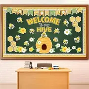 Justforjoyful 77Pcs Bee Bulletin Board Decorations Spring Bee Hive Cutout Classroom Bulletin Board Border Set Decoration Bee Sunflower Cut Outs for Wall Decor Chalkboard Back to School Supplies