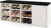 Giantex Shoe Bench with Padded Cushion & 9 Compartments, 3-Tier Shoe Rack w/Adjustable Shelves, Elasticity Door Opener, Barn Door, 9-Cube Storage Bench for Entryway, Hallway, Bedroom, White