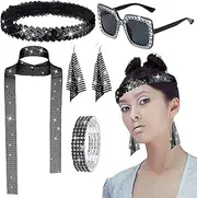 [Generic] 70s Jewelry - Disco Accessories Set, Sequins Chocker | 1970s Disco Accessories Disco Set, Women's Disco Fashion Kit, Retro Disco Outfit Bundle, Earrings for Christmas Party, Festival, Birthday, Refer