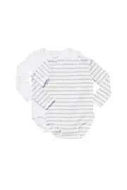 [Bonds] Bonds Newbies Wonderbodies Cotton Long Sleeve Bodysuit 2 Pack in New Grey Marle Stripe/White Size: Newborn Newborn New Grey Marle Stripe/White