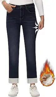 [KDF] Women's Fleece Lined Jeans Straight Leg Thermal Relaxed Fleece Pants Floded Hem Heated Jeans Sherpa Lined Jeans