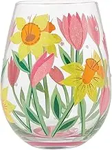 Enesco Lolita Designs Spring Bloom Flowers Hand-Painted Artisan Stemless Wine Glass, 20 Ounce, Multicolor
