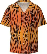 [HVTTIOR] Tiger Stripe Print Short Sleeve Shirt Cuban Collar Beach Casual Style Summer Vacation Relaxed Fit