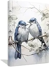 ZXHYWYM Love Birds Canvas Wall Art Two Blue Gray Couple Birds on Branch Painting Prints Modern Romantic Pictures Home Decor for Bedroom Framed (Art-2, (60L x 40W cm))