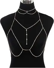 [GGUFAY] Bikini Bra Body Chain with Necklace, Crystal Body Chain Gold and Silver Bikini Chain Chest Chain Accessories Sexy Cross Chest Chain Suitable for Women for Parties and Night Clubs