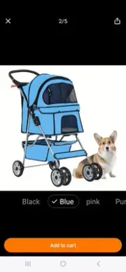 New In Box Blue 4 Wheel Dog Stroller, Cup Holder And Storage Bin