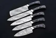 Custom Handmade Damascus Steel Bushcraft 5Five Piece Kitchen Chef Set Knife