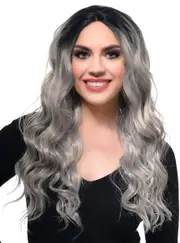 Silver Grey Wavy Lace Front Fashion Wig with Dark Roots