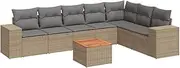 vidaxl Garden Sofa Set with Acacia Wood Table - Modular 8 Piece Outdoor Furniture, Beige Poly Rattan, Light Grey Cushions, Water-Resistant Storage, Patio/Terrace/Lounge Flexibility