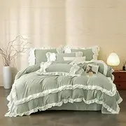 [Jolusere] Ruffle Duvet Cover Queen Sage Green Comforter Cover with White Ruffle, Aesthetic French Romantic Washed Microfiber Ruffled Bedding Set with Zipper Closure 3 Pieces Bed Set