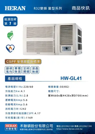禾聯HW-GL41變頻R32專冷窗型冷氣 (8.6折)
