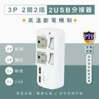 在飛比找momo購物網優惠-2開2插 2USB 安全高溫斷電分接器(插座分接器 USB分