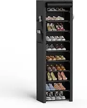 VTRIN Vertical Narrow Shoe Rack Organizer Tall Shoe Rack for Closet Entryway 10 Tier Non-Woven Cover Shoe Shelf Holds 20-22 Pairs Free Standing Shoe Storage Cabinet with Dustproof Cover, Black