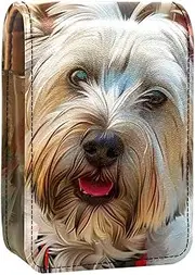 Lipstick Case,Leather Lip Gloss Lipstick Organizer with Mirror,Mini Lipstick Holder Bag,Dog Painting Art Style