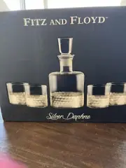 Fitz & Floyd SILVER Daphne Decanter & 4 WHISKEY Glasses NEW