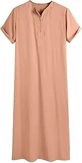 [Gsywaipei] Men's Muslim Crewneck Tops Long Gown Thobe Short Sleeves Round Neck Robe Dress Male Shirt, Pink, XX-Large