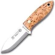 Joker Bushcraft "Avispa S" CL121, curly birch wood handle, 3.15 inches blade with spine grip, includes brown leather Sheath, Tool for fishing, camping and hiking