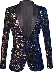 [Maiyifu-GJ] Men's Shiny Sequins Blazer Suit Stylish Sequin Wedding Prom Jacket Tuxedo One Button Slim Party Dress Sport Coat