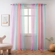 [Yancorp] Sheer Curtain Semi Bedroom Curtains 63 inches Length Linen Rainbow Ombre Curtains Rod Pocket Drapes Girls Living Room Mermaid Bedroom Nursery Kids Window Decor, 1 Panel(Rainbow,52"x63")