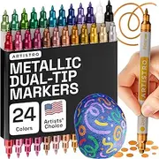 ARTISTRO 24 Metallic Colors Acrylic Paint Pens, Acrylic Paint Markers Dual Tip (Fine 1mm + Dot 5mm) Acrylic Markers for Fabric, Canvas, Rock, Glass, Wood, Paper, DYI, Paint Markers for Kids and Adults