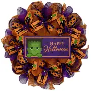 Happy Halloween Monster Wreath Handmade Deco Mesh