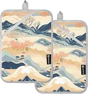 Oven Pot Holders Heat Resistant Beige Blue Dunhuang Landscape Painting Potholder with Pocket Hot Pads Pot Holders Oven Mitts 2 Pack