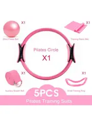 Yoga Kit- Pilates Ring 25cm Gym Ball Resistance Band Stretching Belt- Pink- 5Pcs