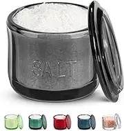 KooK Glass Salt Cellar, with Lid, Embossed Pressed Glass, Clear Storage Container, for Coffee, Sugar, Spices and Candies, 10 oz (Black)