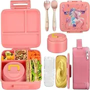 JXXM Bento Lunch Box for Kids with 8oz Soup Thermo,Leak-Proof Lunch Containers with 5 Compartment,Thermo Food Jar and Lunch Bag, Food Containers for School (A-Pink（Unicorn - Mermaid）)