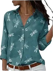 [neogor] Dragonfly Print Long Sleeved Lapel Slim Fashion Shirt for Women in Spring and Summer