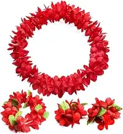 [BEBAOVO] Hawaiian Leis Set - Hawaiian Luau Flower Leis Headband Necklaces Bracelets for Hawaii Luau Party Favors Decoration (Red)