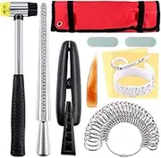 Glarks 10Pcs Jewelry Ring Sizer Measuring Tool Including Ring Mandrel, Jewelry Hammer, Ring Sizer Guage, Ring Sizer Adjuster, Wood Ring Clamp, Jewelry Polishing Cloth, Polishing Stick, Polished Agate