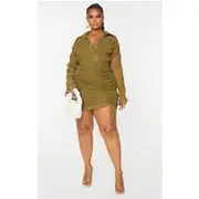 Plus Olive Plisse Textured Ruched Shirt Dress, Olive