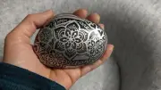 Hand Painted Rock / Stone - Mandala silver black gray medium "you are enough"