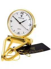 FOCUS:CLIP ON, OR GOLD FINISH METAL MINI CLOCK WHITE FACE ANALOG QUARTZ WATCH