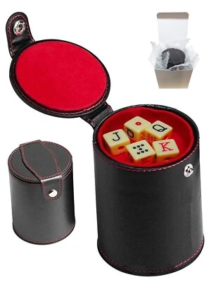 Spanish Poker Dice Bone Tone + PU Leather Red Felt Lined Cup w/Compartment Boxed