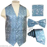 Turquoise Blue Paisley Tuxedo Dress Vest Waistcoat & Neck tie & Bowtie And Hanky