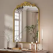 VooBang Vintage Arched Wall Mirror, 24x36 inch Retro Arch Bathroom Mirror, Carve Pattern Top Wall Mounted Vanity Mirror with Metal Frame, Bathroom Mirror Hanging or Leaning, Gold