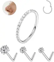 [Purbeaut] 18G Nose Rings Hoops and 20G Nose Studs Set for Women Men,Hypoallergenic 316L Surgical Stainless Steel CZ Nose Ring Silver Nose Hoop L Shape Nose Rings Studs 1.5/2/3mm CZ Sets 4Pcs, 18gauge