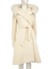 Ecru Alpaca Wool Fox Fur Trim Hooded Coat