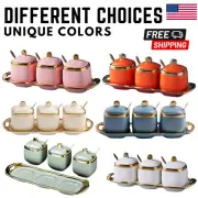 WILTIDA Ceramic Spice Jars with Lids, Spoons, Tray for Kitchen Storage-Sets of 3