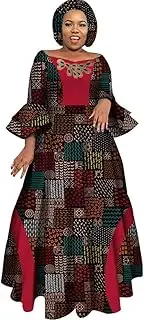 [iooiooi] Womens African Party Maxi Dress Double Layered Bell Sleeve Long Dress & Headwrap