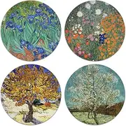 CARIBOU Coasters - Irises, Mulberry, The Pink Peach Tree By Vincent Van Gogh, Gustav Klimt Flower Garden Design Absorbent ROUND Fabric Felt Neoprene Coasters for Drinks, 4pcs Set