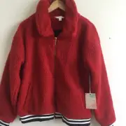 VARSITY BOMBER JACKET RED SHERPA FULL ZIP LINED RED JACKET J.JUSTIFY SIZE L NWT
