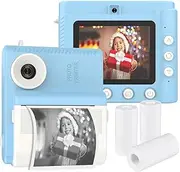 Instant Print Camera Digital Camera for 1080P Digital Video Camera Dual Lens 2.8 Inch IPS Screen Built-in Battery P Frames with 3 Rolls Thermal Printing Paper Neck Strap Birthday Blue