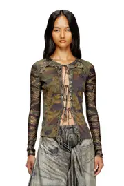 [Diesel] Diesel - Tie cardigan with mixed camo prints - T-Shirts - Woman - Green L Green