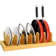 Bamboo Pot Lid Organizer, Kitchen Cabinet Organizer with 7 Adjustable Dividers for Pots, Cutting Boards & Baking Sheets