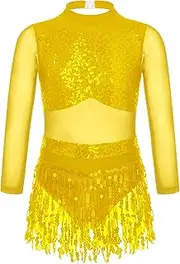 [Jugaoge] Kids Girls Long Sleeve Sequin Latin Salsa Dance Dress Mesh Splice Backless Ballet Jazz Fringe Tassel Leotard