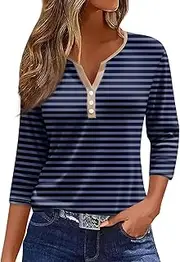 [Valtorixia] 3/4 Length Sleeve Women Henley V Neck Tops Casual Length Button Down Shirt Floral Print Blouses Plus Size Trendy Comfy Tees (color-b-35,Medium)