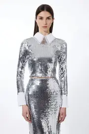 Sequin Woven Long Sleeve Crop Top